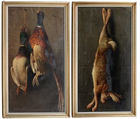 Firma indecifrata "Lepre" e "Anatre" coppia di dipinti ad olio su tela (cm...