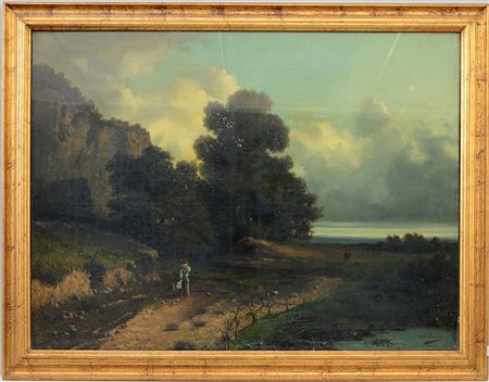 F. Gnecchi "Paesaggio con figure"1874, olio su tela (cm 74x90) firmato e...