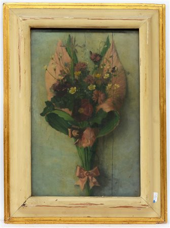 Ignoto "Fiori" olio su tavoletta (cm 41x26) in cornice (difetti)