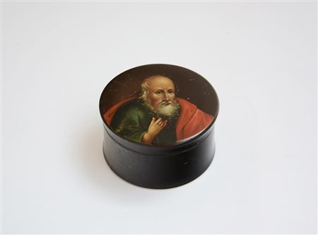 Arte russa sec. XIX. Scatola in lacca dipinta sul coperchio con santo (h. cm...