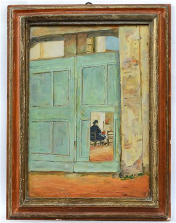 G. Pandini "Il portone" 1954, olio su tavola (cm 50x35) Firmato e datato al...