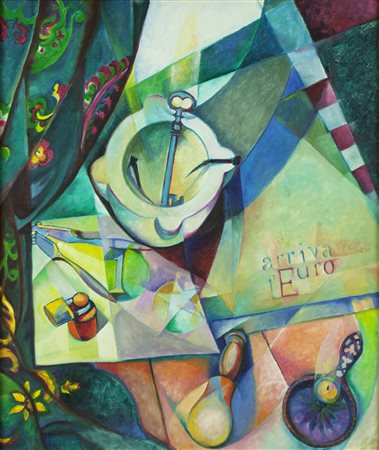 PAOLA BERETTA La Spezia, 1948 " Arriva l' € " anno 1998 olio su tela 60x50 cm...