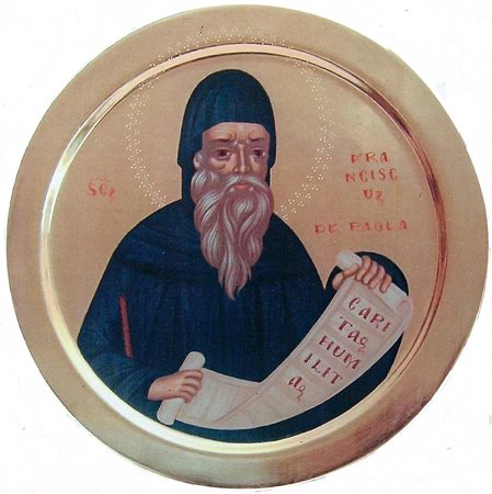 STEFANOS ARMAKOLAS Tinos " San Francesco di Paola " olio e oro zecchino su...