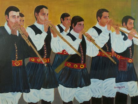 CAROGGI Sagama, 1950 " Suonatori di Launeddas " anno 2015 acrilico su tela...