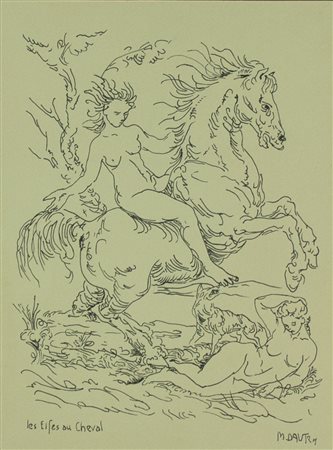 MARK DAUTRY 1930 " Les eifes au cheval " china su carta 39x28 cm firmato e...