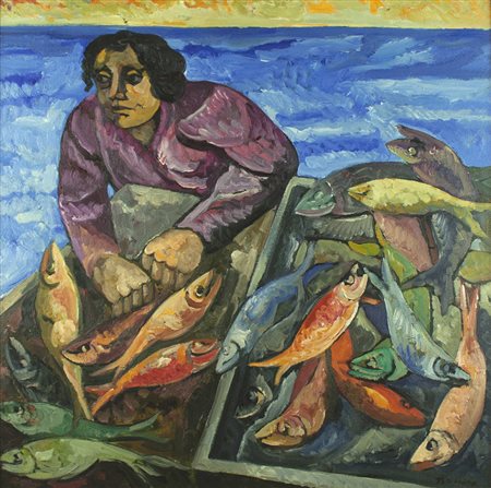 SAVERIO TERRUSO Monreale 1939-Milano 2003 " Al mercato" olio su tela 70x70...