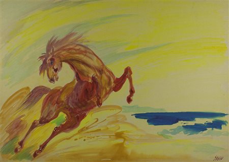 ALIGI SASSU Milano, 1912-Pollença 2000 " Cavallo sulla spiaggia " acquerello...