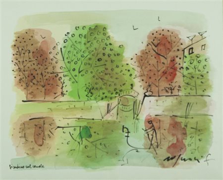 FRANCO ROGNONI Milano 1913-1999 " Giardino sul canale " tecnica mista su...
