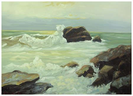 MARIO MARIELLI Marina 1973 Olio su tela 50 x 70. Firma in b. a s.; sul verso...