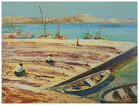 EMILIO COMBA Torino 1924 Porto in Maremma 1976 Olio su tela 60 x 80. Firma in...