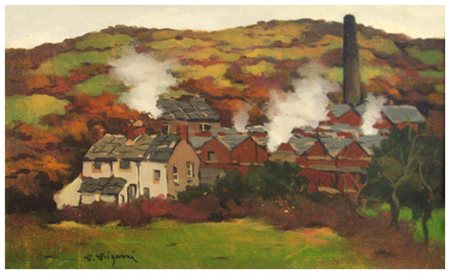 PAOLO BIGAZZI Livorno 1946 Cotton Mill in the valley Olio su tavola 30 x 50....