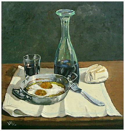 GIANCARLO LANDI Firenze 1937 …e dù ova Olio su tavola 49 x 50. Firma in b. a...