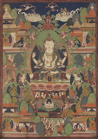 Thangka raffigurante Bodhisattva e varie divinit&agrave;, su fondo verde,...