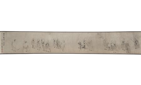 Scroll orizzontale raffigurante i diciotto luohan di Li Longmian, firmato...