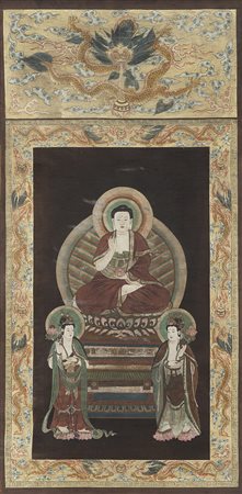 Grande dipinto raffigurante Buddha assiso su trono con petali di loto...
