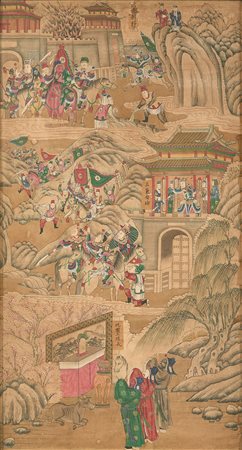 Tre pannelli dipinti raffiguranti battaglie ed episodi epici risalenti al...