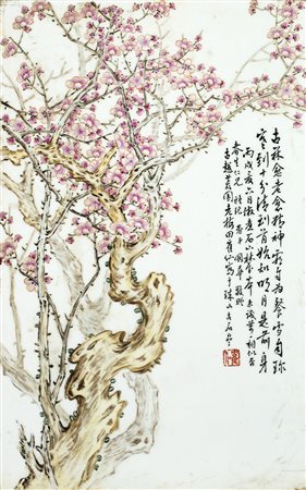 Placca in porcellana dalla forma rettangolare decorata con ramo di pruno in...