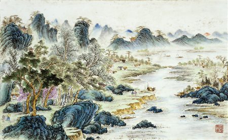 Placca in porcellana dalla forma rettangolare, dipinta in policromia con...