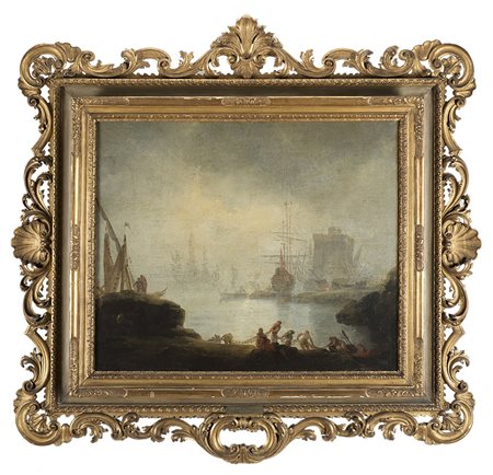 Scuola francese dell'inizio del secolo XVIII "Paesaggio marino con velieri"...