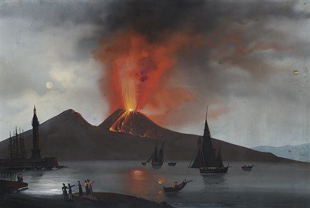 Scuola napoletana sec. XIX "Eruzione del 2 gennaio 1839" gouache su carta (cm...