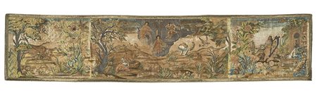 Ricamo in seta e fili d'argento su supporto in lino misto cotone raffigurante...