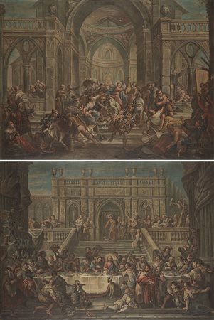 Scuola veneta del secolo XVIII "Cacciata dei mercanti dal tempio" e "Le nozze...