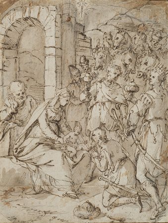 Scuola cremonese della fine del secolo XVI "L'adorazione dei magi" penna,...