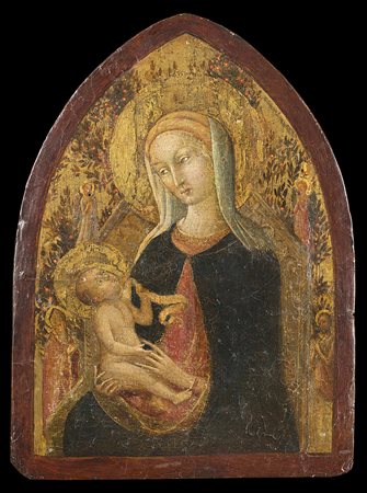 Maestro del secolo XVI "Madonna con Bambino" tempera su tavola a fondo oro...