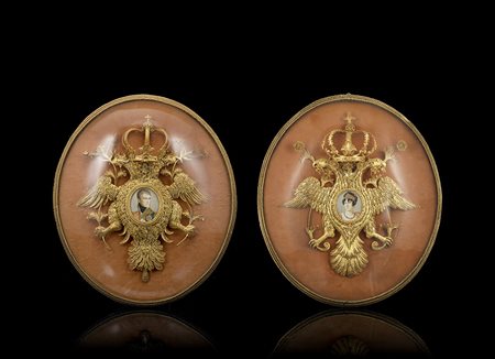 Manifattura austriaca, seconda metà sec. XIX. Coppia di miniature...