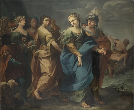 Scuola romana del secolo XVIII "Ratto di Elena" olio su tela (cm 147x177) in...