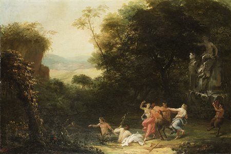 Scuola francese del secolo XVIII "Baccanale" olio su tela (cm 75x101,5) in...