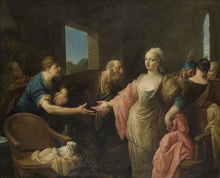 Maestro del secolo XVII "Scena biblica" olio su tela (cm 71x87,5) in cornice...