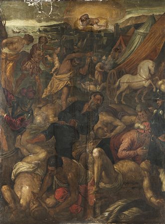 Maestro veneto della fine del secolo XVI "Scene di lotta nei pressi di un...