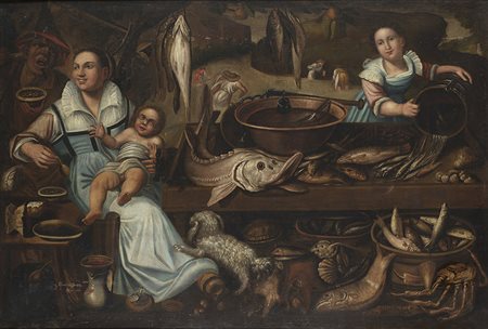Maestro lombardo del secolo XVII, da Vincenzo Campi "Pescivendoli" olio su...