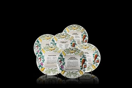 Piero Fornasetti (Milano 1913 - 1988)Gruppo di sei piatti in ceramica...