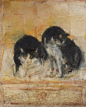 Bruno Zoppetti (Seriate 1961)"Gatti" 1990 olio su tela (cm 75x60) Firmato in...