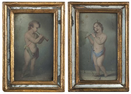 Scuola italiana della fine del secolo XVIII "Putti musicanti" due dipinti ad...