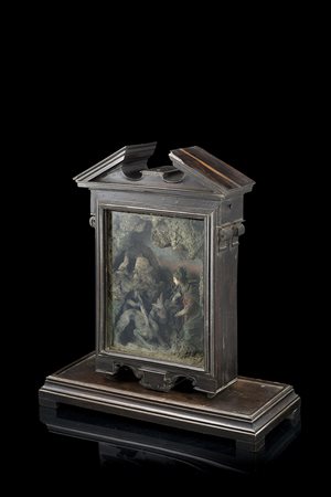 Teca in legno esotico contenente un gruppo plastico in cera, stucco e legno...