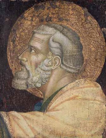 Scuola Toscana del XV secolo TESTA DI SANTO tavola, cm 27x20,5