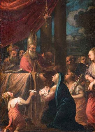 Scuola Toscana del XVII secolo PRESENTAZIONE AL TEMPIO olio su tela, cm 94x70