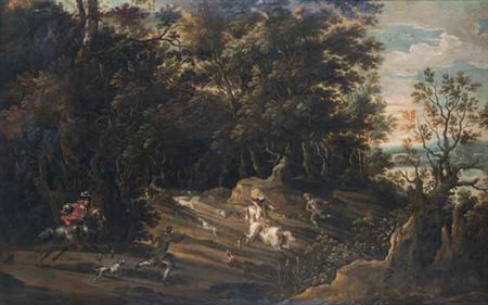 Attribuito a Bartolomeo Pedon Venezia 1665 – 1733 SCENA DI CACCIA olio su...