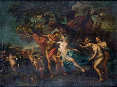Scuola Romana del XVIII secolo DIANA E ATTEONE olio su tela, cm 86x116