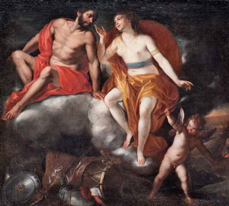 Scuola Romana del XVIII secolo VENERE E MARTE olio su tela, cm 71x80