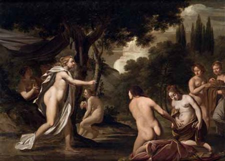 Scuola Francese del XVIII secolo DIANA E ATTEONE olio su tavola, cm 40,5x55,5