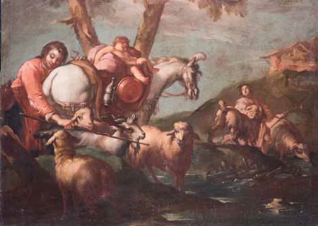 Scuola Veneta del XVIII secolo VIAGGIO DI GIACOBBE olio su tela, cm 90x125