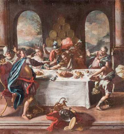 Scuola Veneta del XVIII secolo CONVITTO DI BALDASSARRE olio su tela, cm...