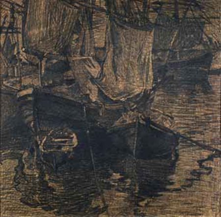 Mario Puccini Livorno 1869 - Firenze 1920 BARCHE IN PORTO carboncino su...