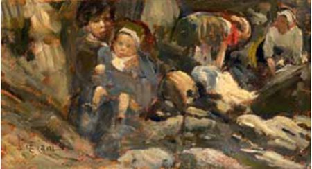Cesare Ciani Firenze 1854- 1925 LAVANDAIE CON BAMBINO cm 15,9x29. Firmato in...