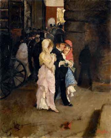 Scuola Napoletana del XIX secolo L’USCITA DAL TEATRO S. CARLO olio su tela,...