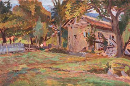 Livorno 1859 – 1938 COLONICA A RONCEGNO, 1912 olio su cartone, cm 25x36....